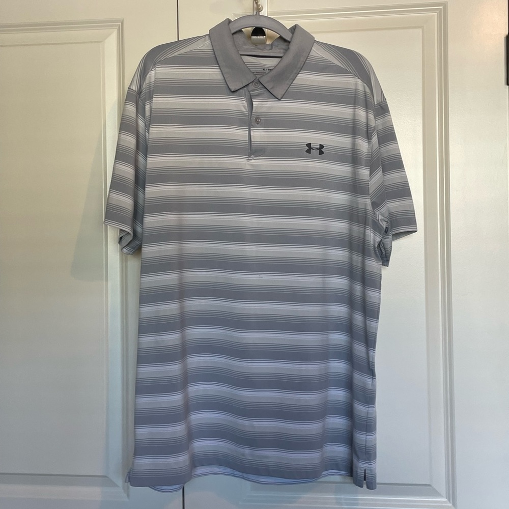 Men’s Under Armour Heatgear Grey and White Striped Logo Polo  XL